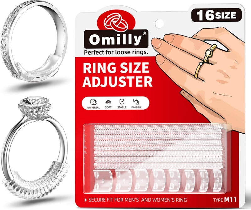Omilly Ring Sizer Adjuster for Loose Rings, 16 Sizes Ring Spacers & Spiral Guards, 2 Styles Invisible Ring Size Reducer, Solve Ring Looseness for Women & Men (Transparent, Easy to Use) - Image 1
